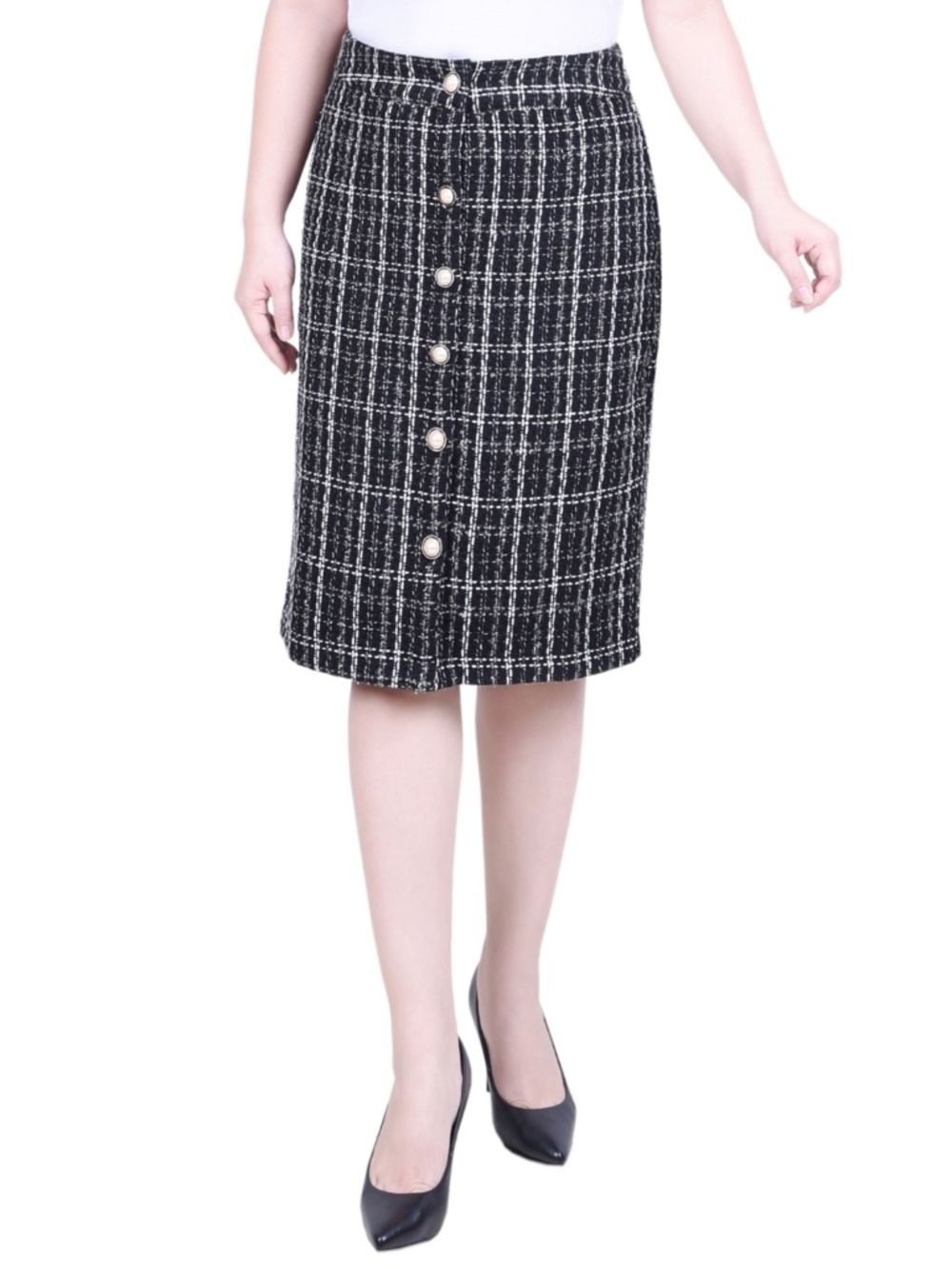 Ny Collection Petite Slim Tweed Double Knit Knee Length Skirt - Black Ivory PM
